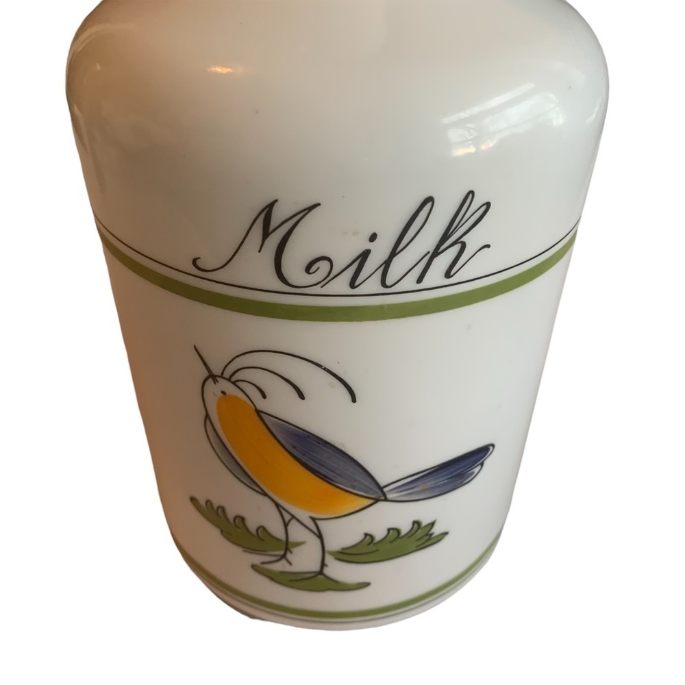 Vintage Egizia White Glass Milk Bottle Hand Painted Bird Gallon Size